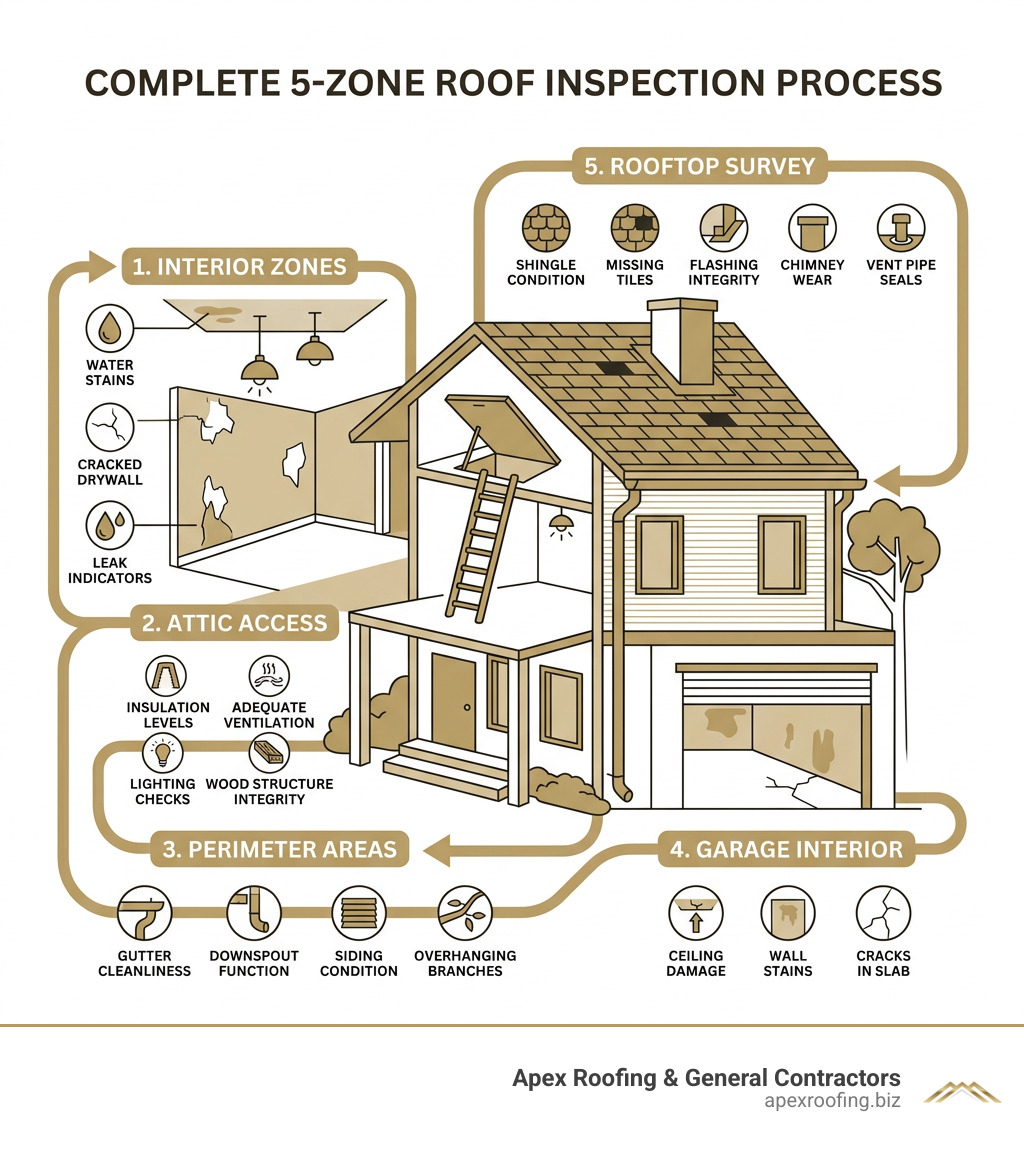 5-zone roof inspection process infographic showing interior, attic, perimeter, garage, and rooftop zones - best roof 5-zone roof inspection process infographic showing interior, attic, perimeter, garage, and rooftop zones - best roof