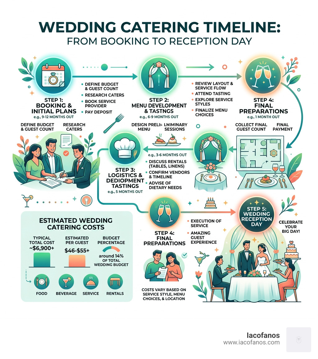 Wedding catering timeline infographic from booking to reception day with key milestones and costs - catering for wedding Wedding catering timeline infographic from booking to reception day with key milestones and costs - catering for wedding