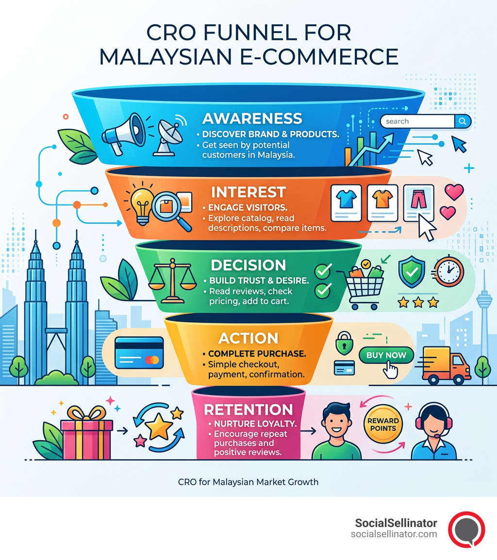 CRO funnel stages for Malaysian e-commerce: awareness, interest, decision, action, retention - conversion rate optimazation