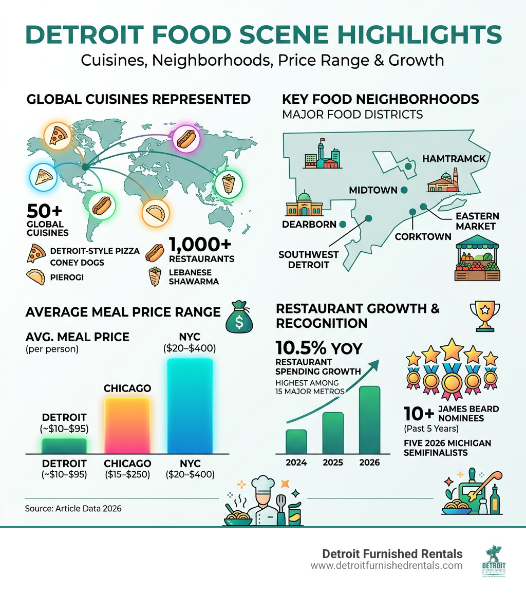 Infographic: Detroit food scene highlights — cuisines, neighborhoods, price range, and growth stats - Detroit food scene