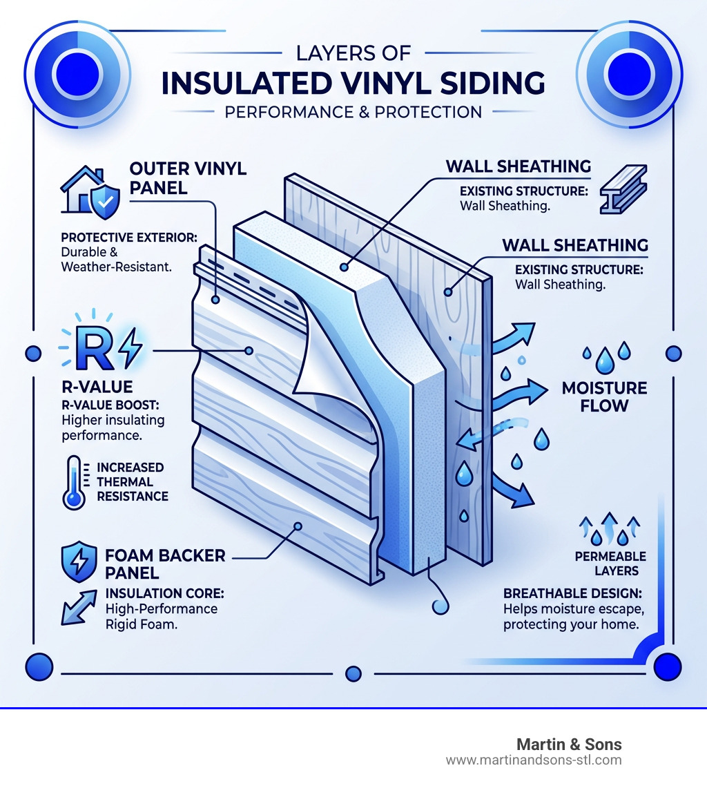 Layers of insulated vinyl siding: outer vinyl panel, foam backer, wall sheathing, R-value and moisture flow - insulated Layers of insulated vinyl siding: outer vinyl panel, foam backer, wall sheathing, R-value and moisture flow - insulated