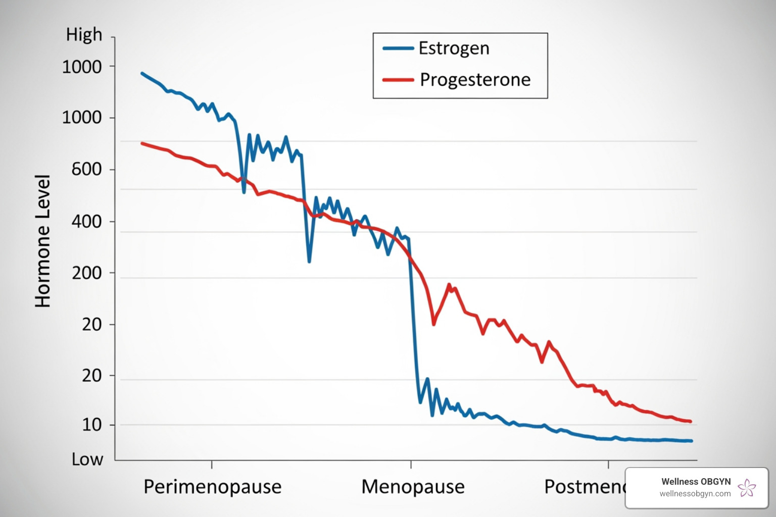 Chart showing the decline of estrogen and progesterone levels during the menopausal transition - Menopause patient education Chart showing the decline of estrogen and progesterone levels during the menopausal transition - Menopause patient education