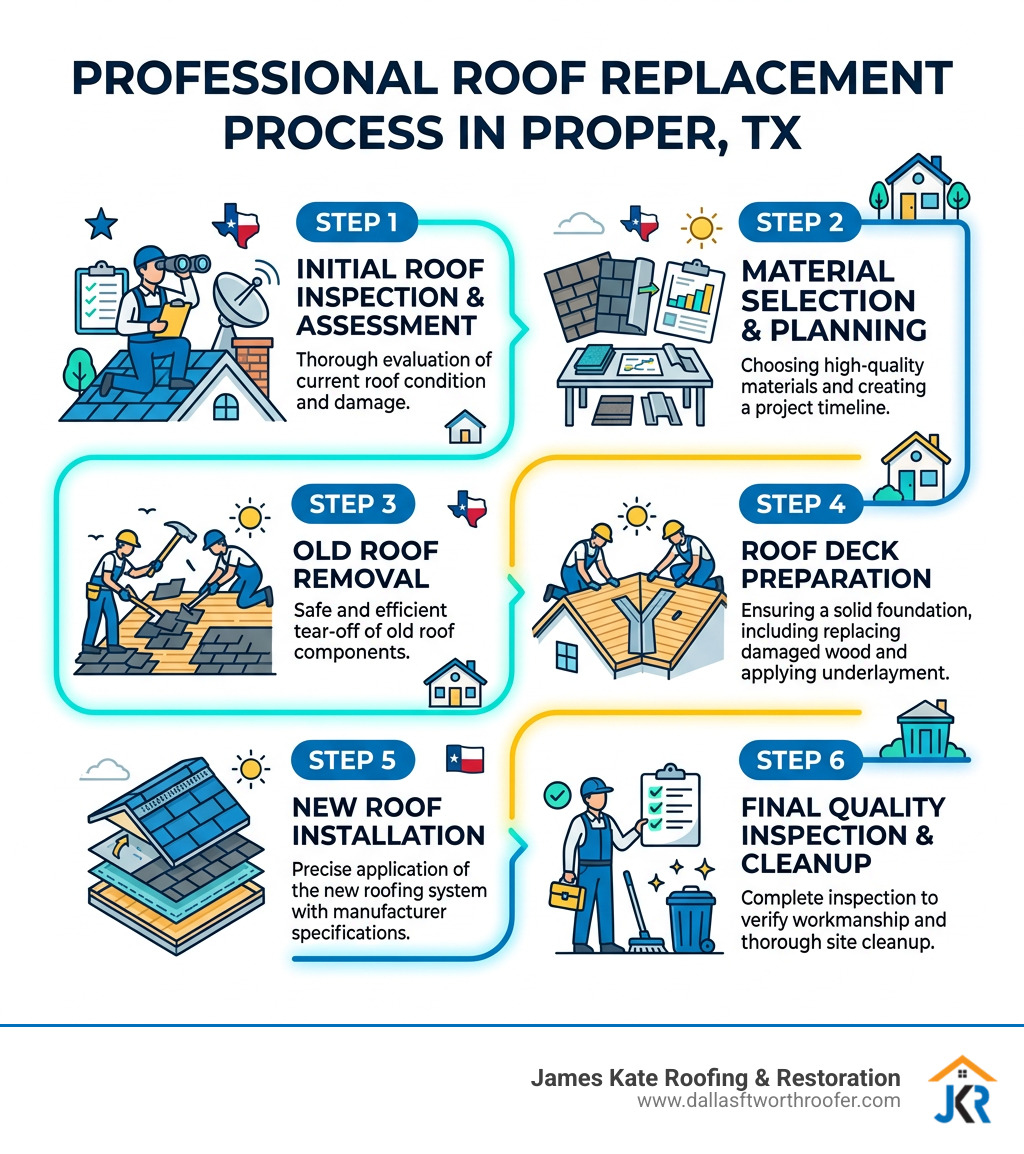 Infographic showing steps of a professional roof replacement process in Prosper TX - Prosper roofing company infographic Infographic showing steps of a professional roof replacement process in Prosper TX - Prosper roofing company infographic