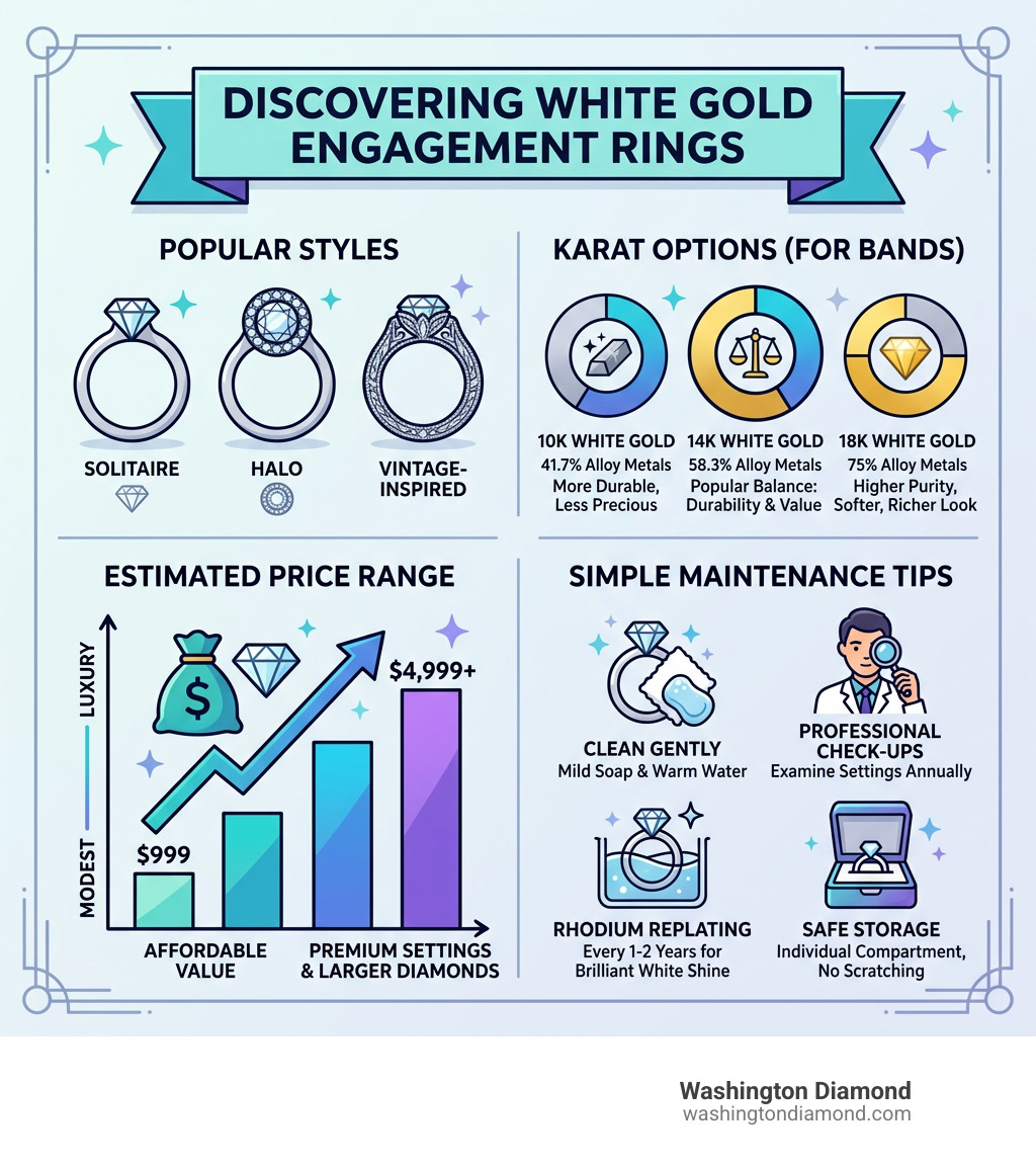 Infographic showing white gold engagement ring styles, karat options, price ranges, and maintenance tips - White gold Infographic showing white gold engagement ring styles, karat options, price ranges, and maintenance tips - White gold
