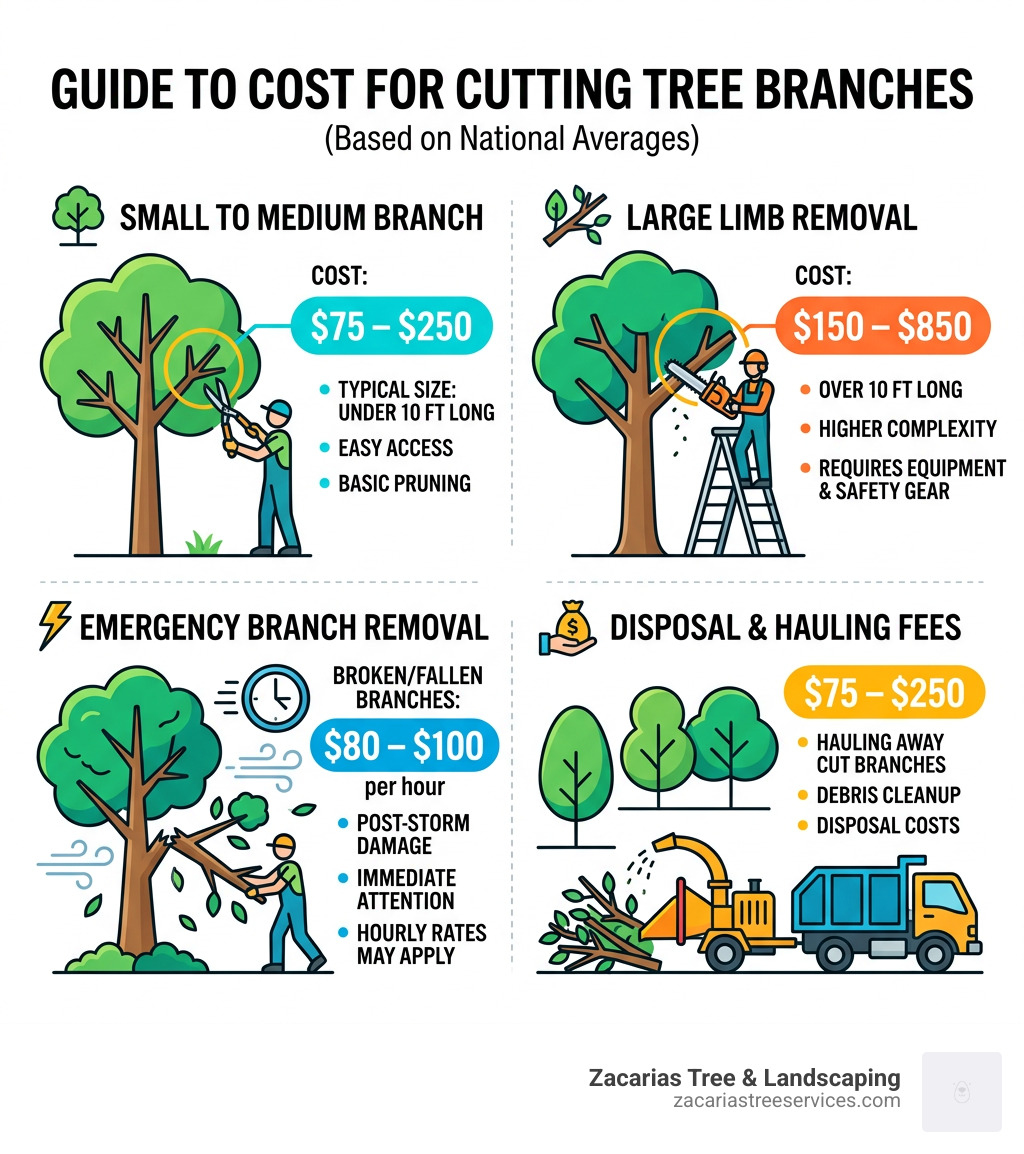 Infographic showing cost breakdown for cutting tree branches by size, including small, large, and emergency removal with