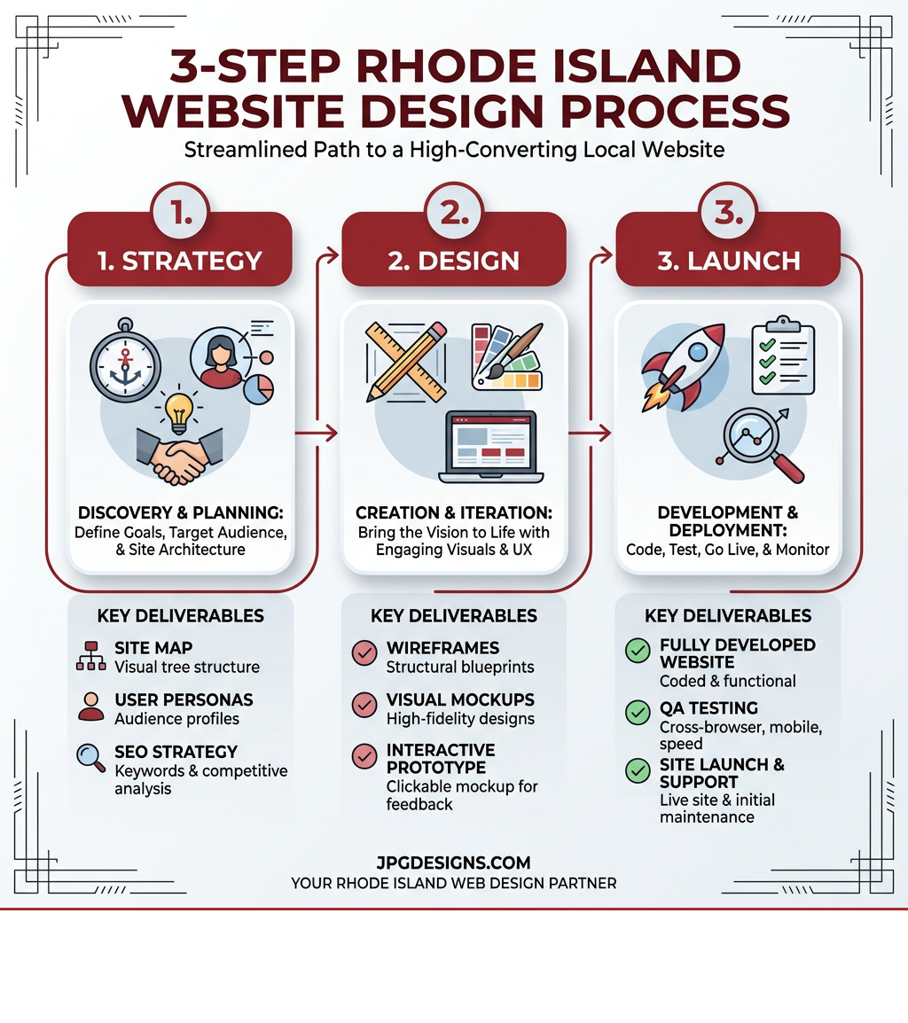 3-step web design process infographic: Strategy, Design, and Launch with key deliverables at each stage - Rhode Island