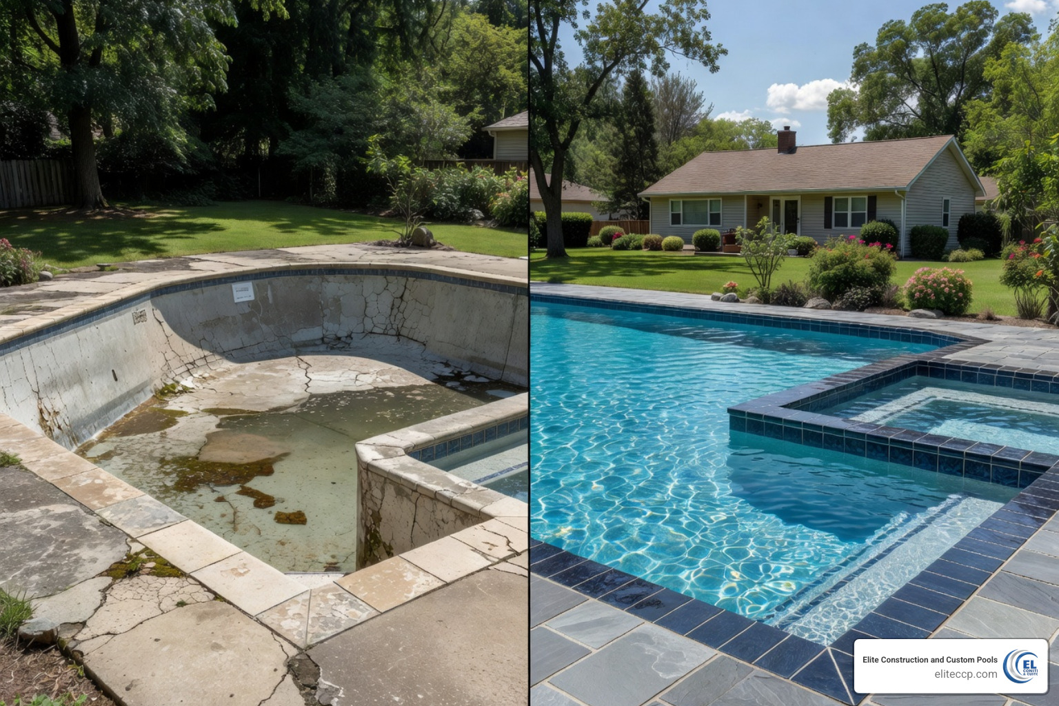 Before And After Image Of A Pool Renovation Showing Updated Tile And Plaster - Custom Pools And Spas Before and after image of a pool renovation showing updated tile and plaster - Custom Pools And Spas