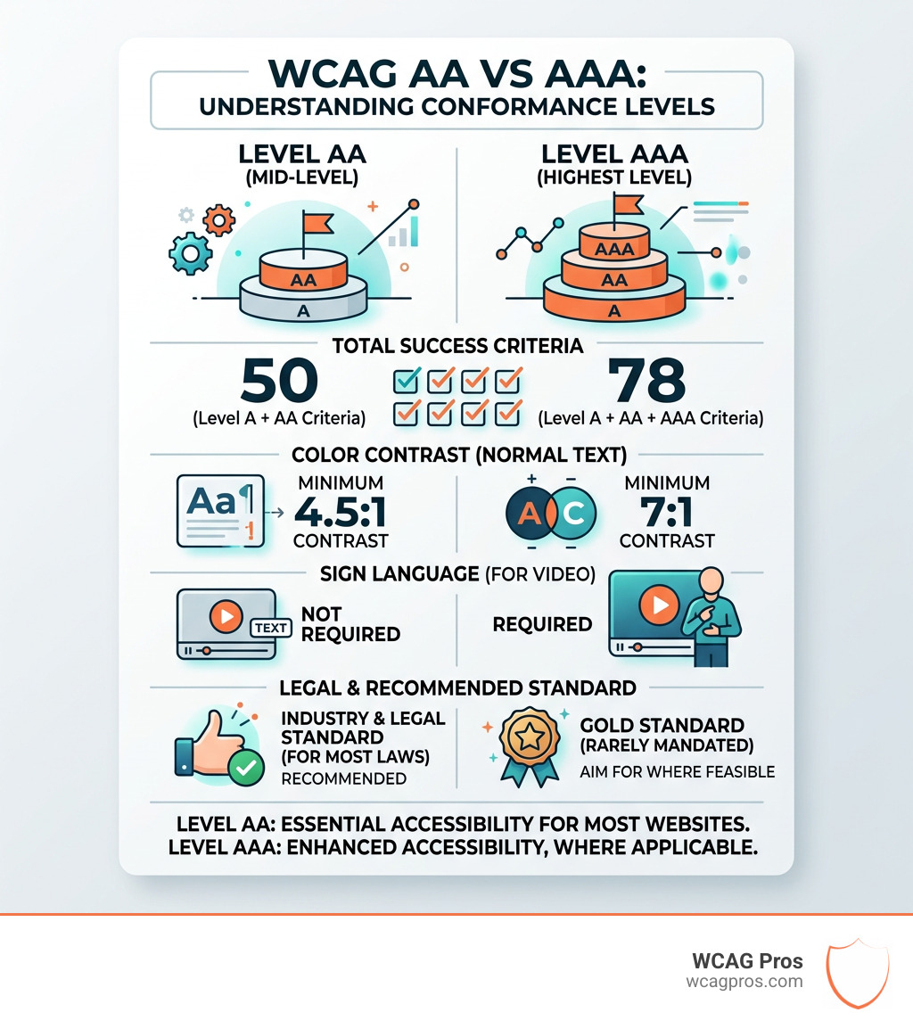 Infographic comparing WCAG AA vs AAA conformance levels with criteria counts and key differences - wcag aa vs aaa Infographic comparing WCAG AA vs AAA conformance levels with criteria counts and key differences - wcag aa vs aaa