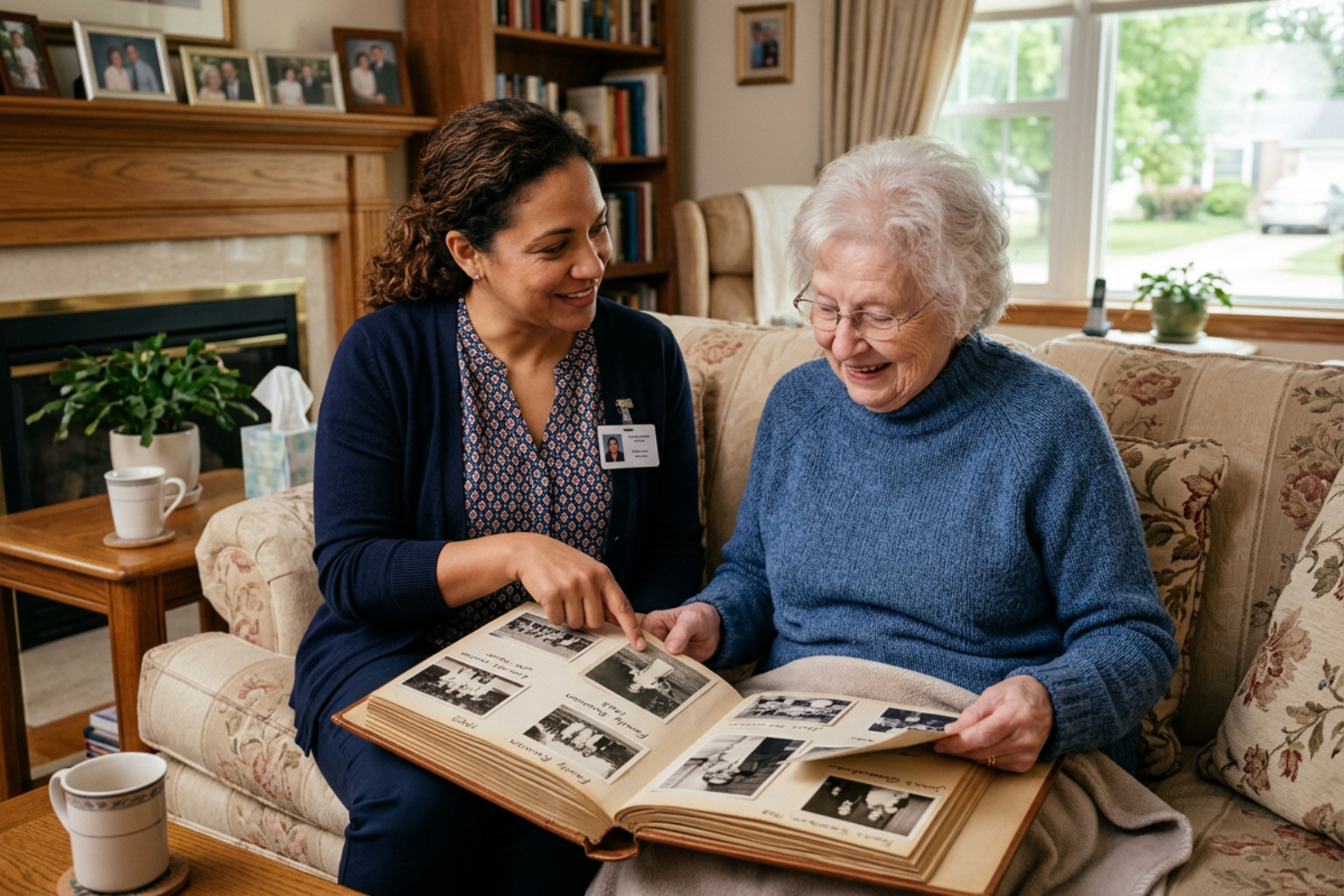 caregiver and senior looking through a photo album together during a reminiscence therapy session - senior home care agencies