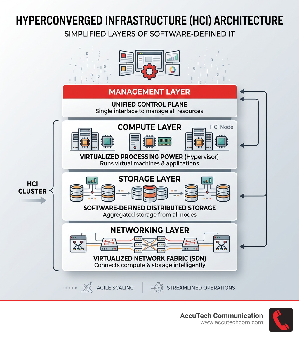 Diagram showing the three layers of HCI architecture: compute, storage, networking, and management - hyper converged system