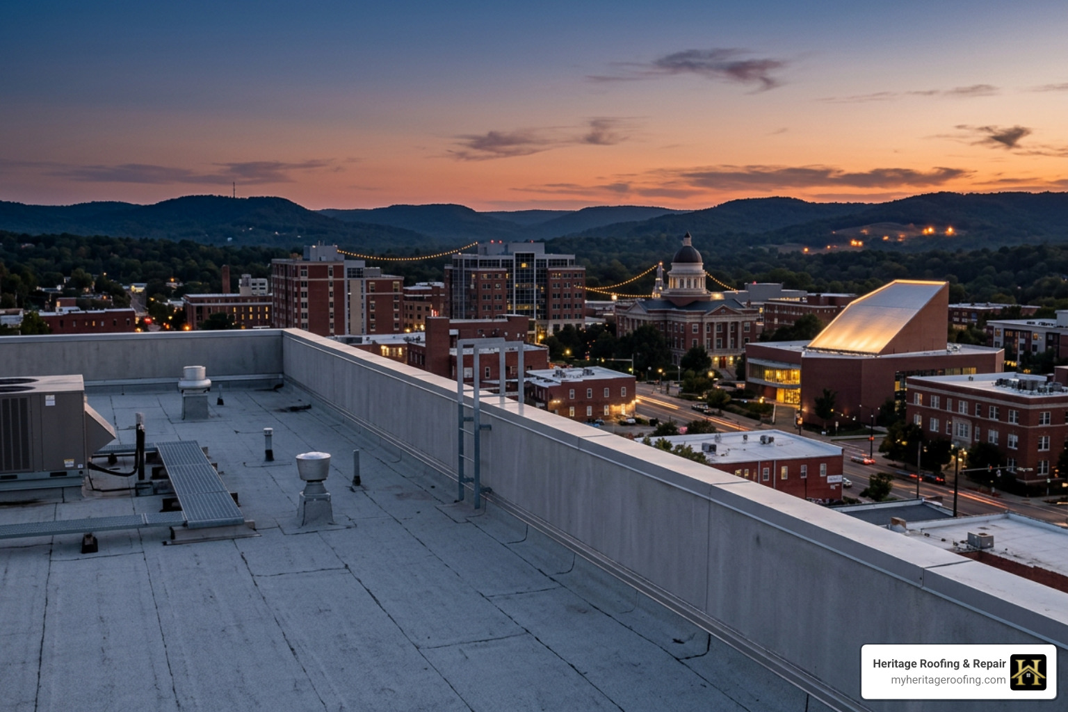 A commercial roof overlooking the Fayetteville skyline - commercial roofing northwest arkansas A commercial roof overlooking the Fayetteville skyline - commercial roofing northwest arkansas