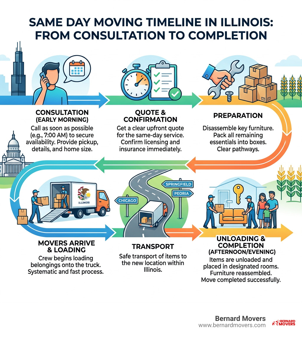 Same day moving timeline infographic from consultation to completion in Illinois - same day movers infographic 