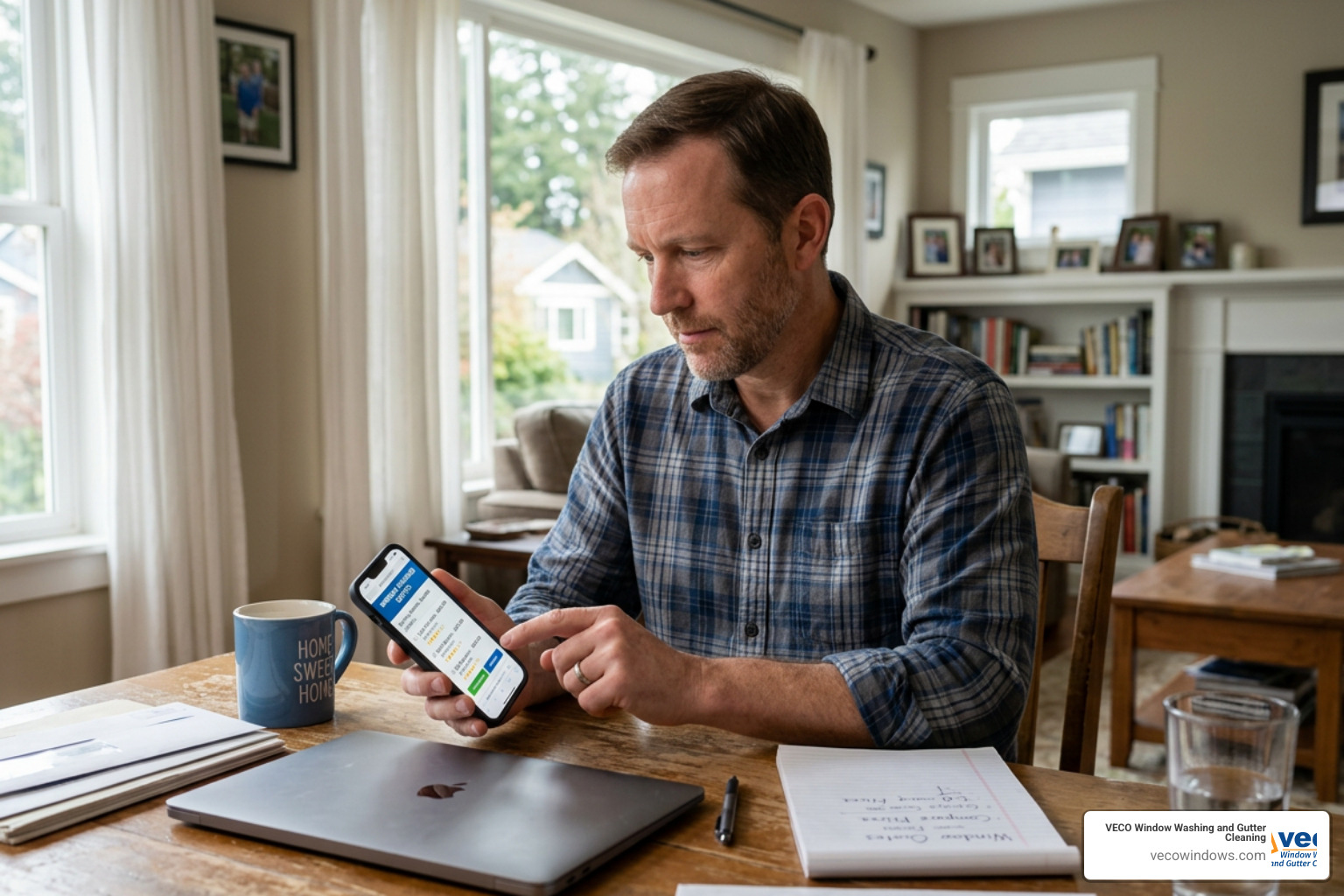 homeowner reviewing service quotes on a smartphone - window washing companies near me homeowner reviewing service quotes on a smartphone - window washing companies near me