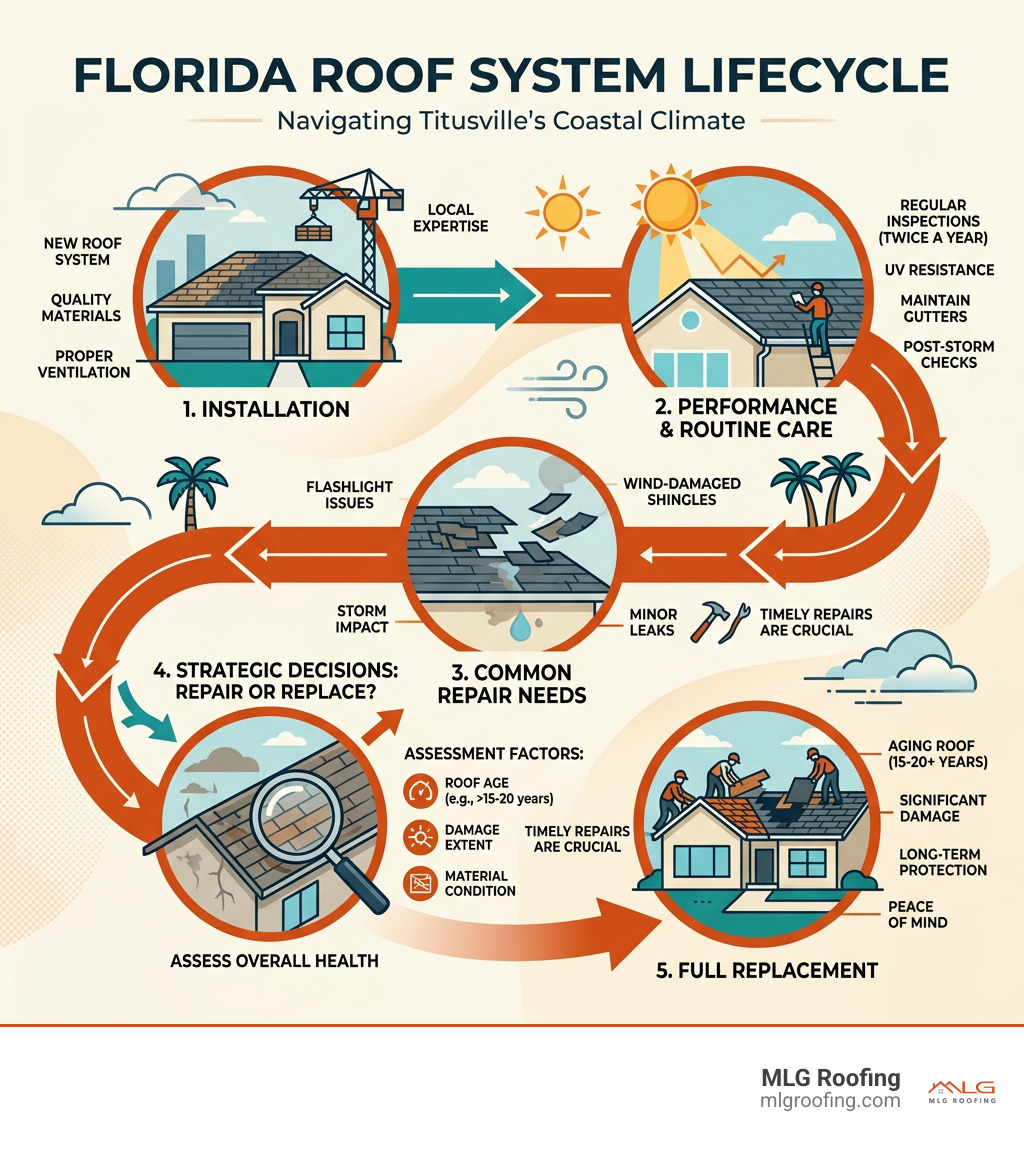 Infographic showing lifecycle of a Florida roof system from installation through repair needs to replacement - roof repair