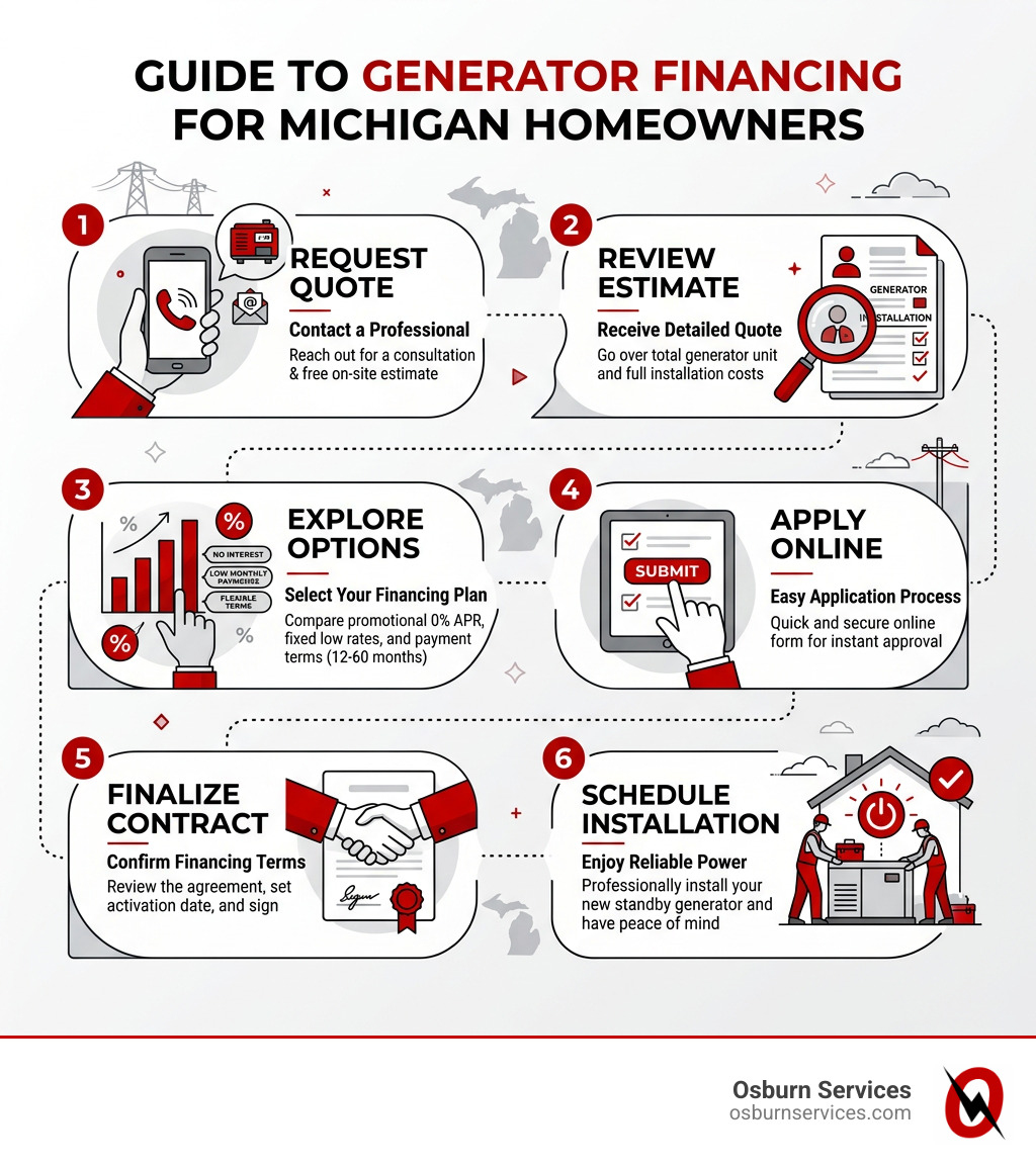 Step-by-step generator financing process infographic for Michigan homeowners - Generator Financing Michigan infographic Step-by-step generator financing process infographic for Michigan homeowners - Generator Financing Michigan infographic