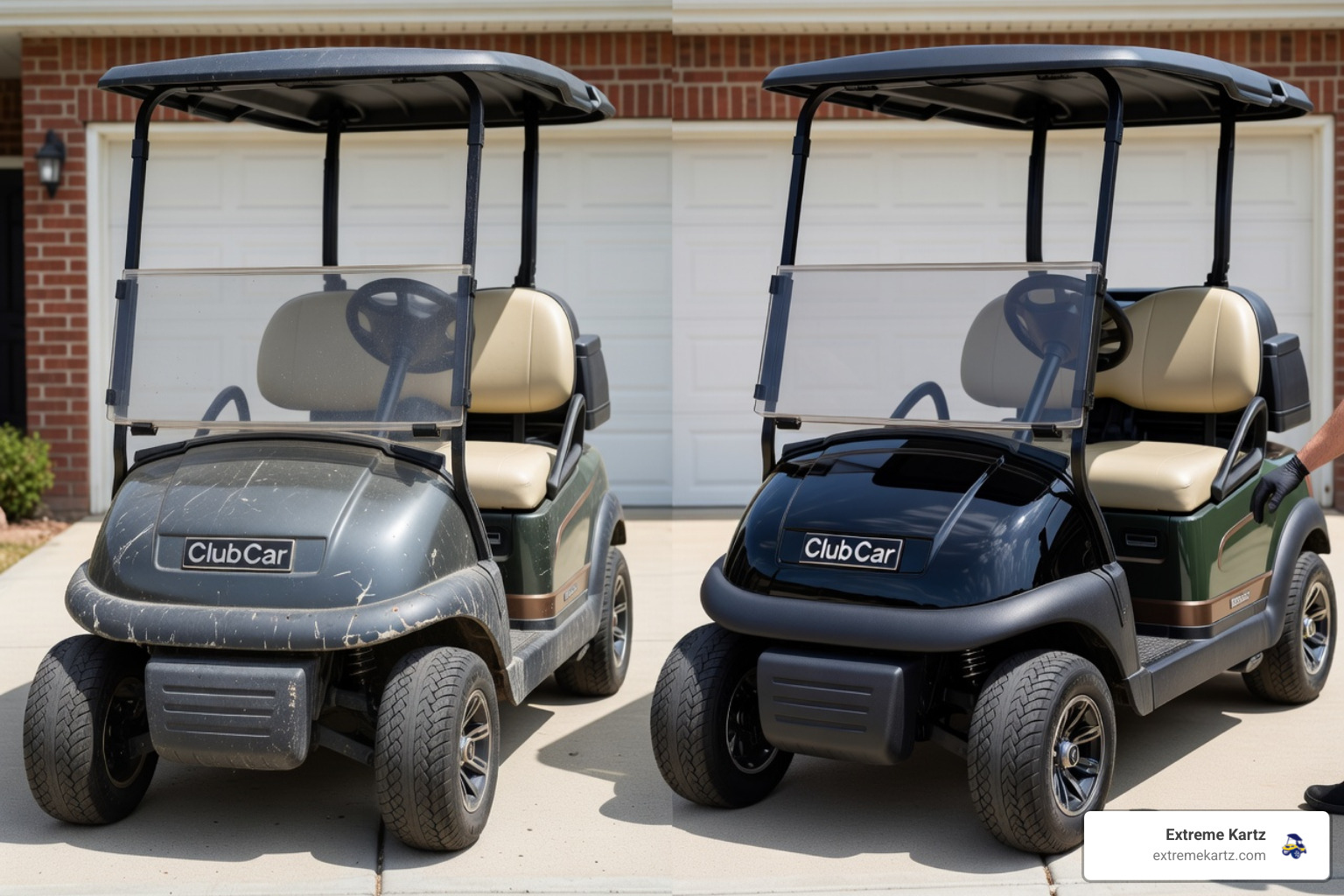 A side-by-side comparison of a faded, scratched original Club Car DS cowl next to a brand new, high-gloss aftermarket body