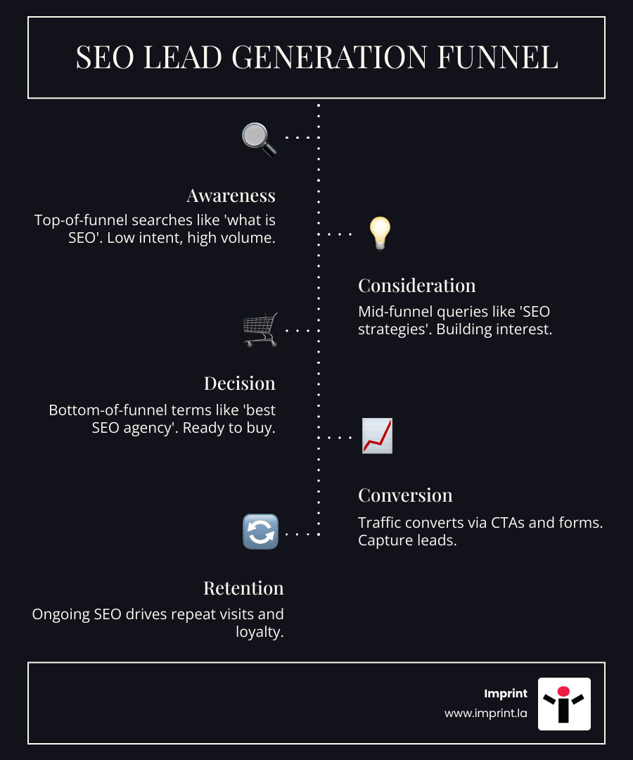 SEO lead generation funnel from awareness to conversion with steps and conversion rates - how to get more leads with seo