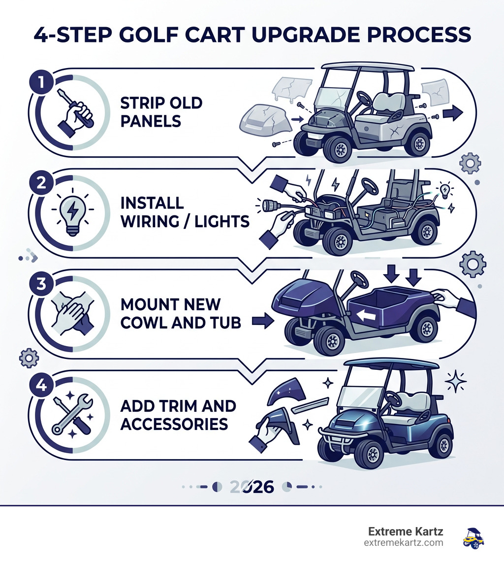 Infographic showing the 4-step upgrade process: 1. Strip old panels, 2. Install wiring/lights, 3. Mount new cowl and tub, 4.