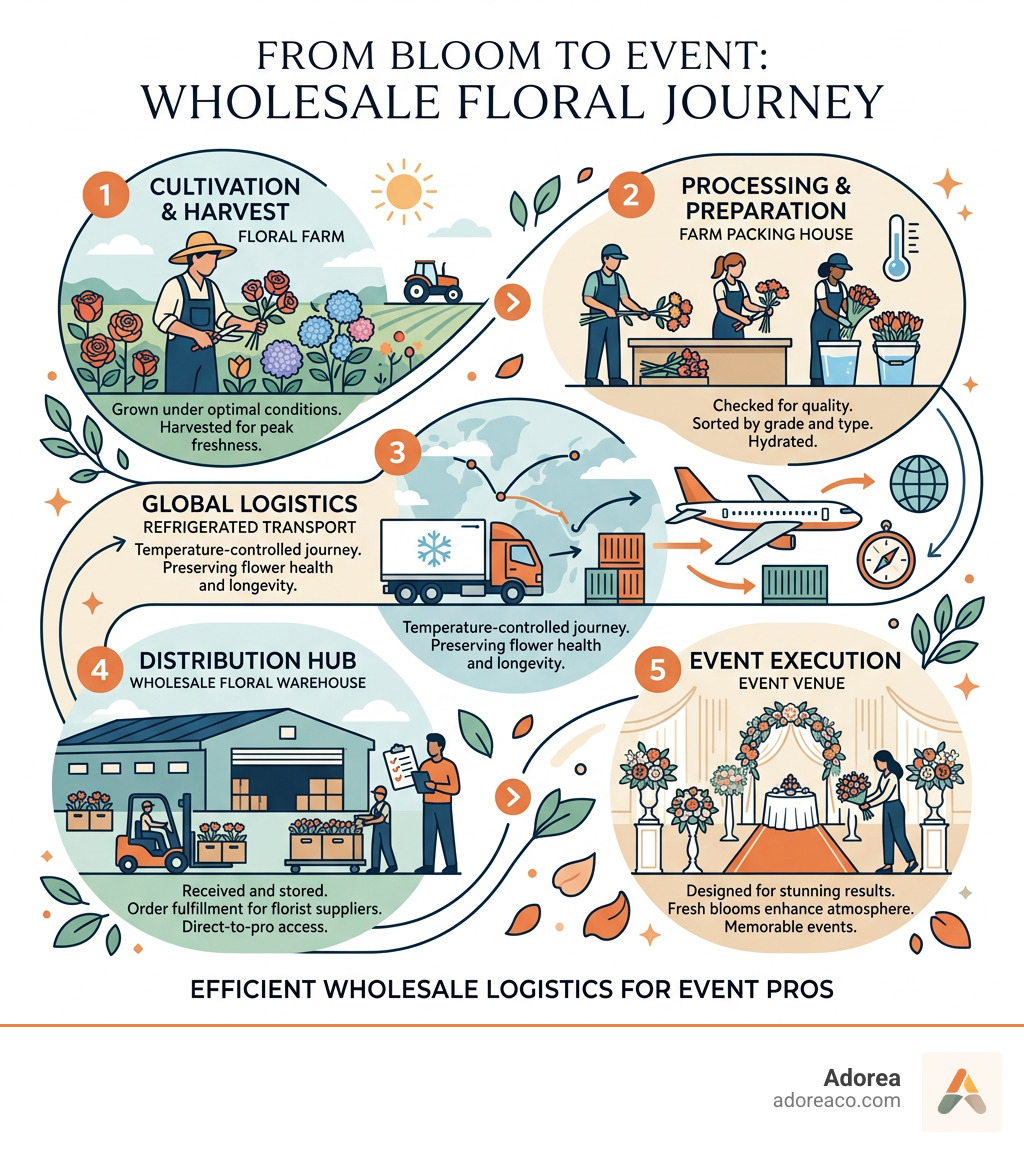 Wholesale floral distribution process from farm to event venue infographic - florist suppliers event planners infographic 