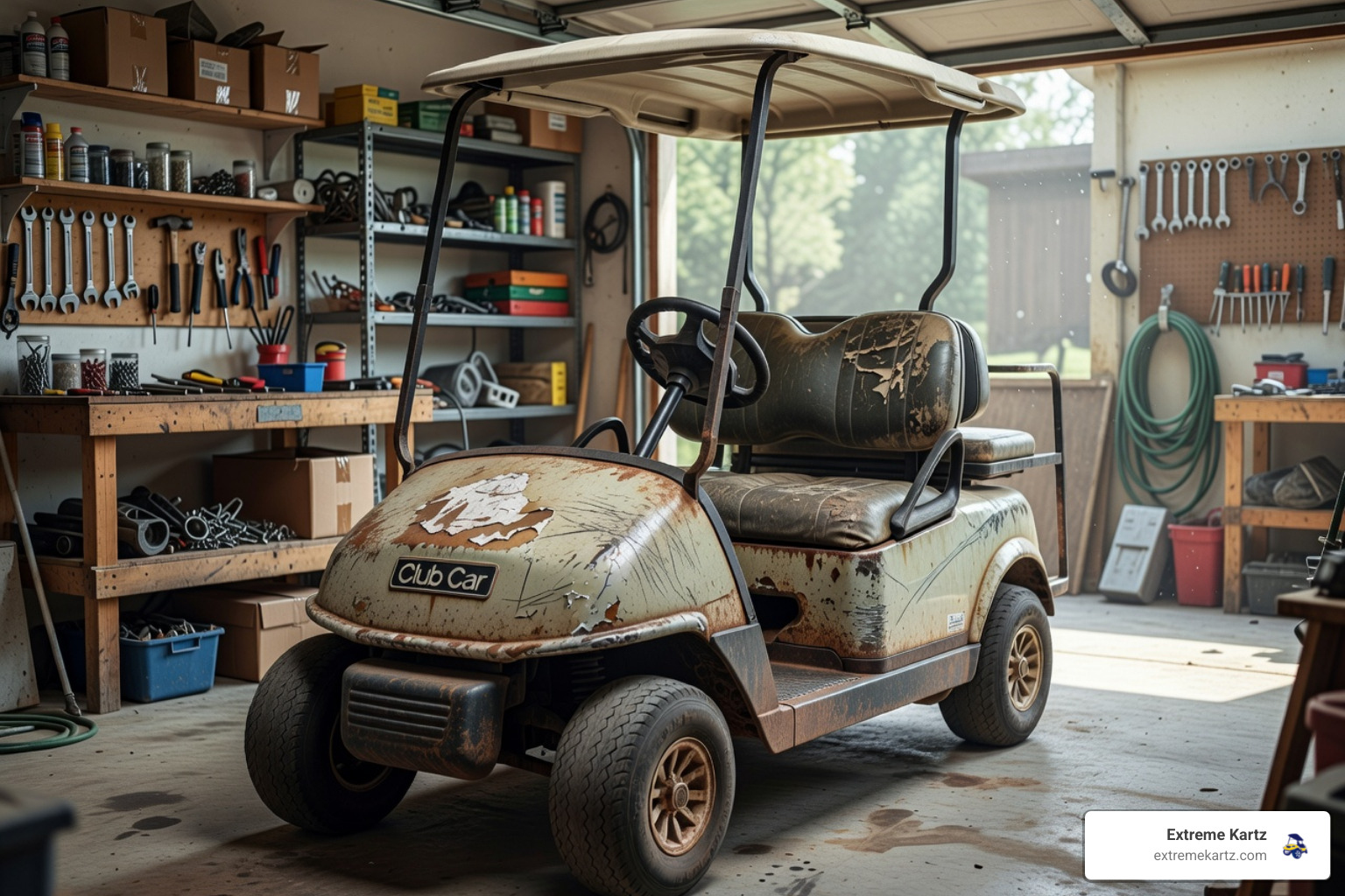 an old Club Car Precedent that has seen better days that needs to be cleaned up and its body replaced sitting in a garage