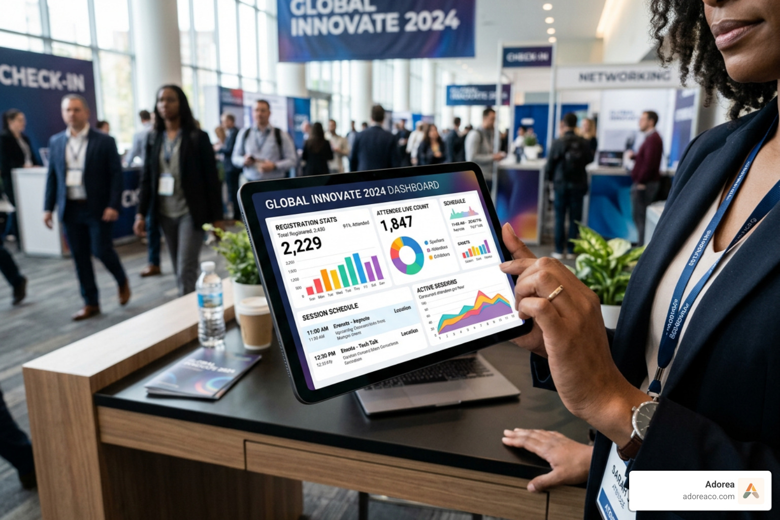 tablet showing a real-time event dashboard with registration stats and schedules - event organization platform
