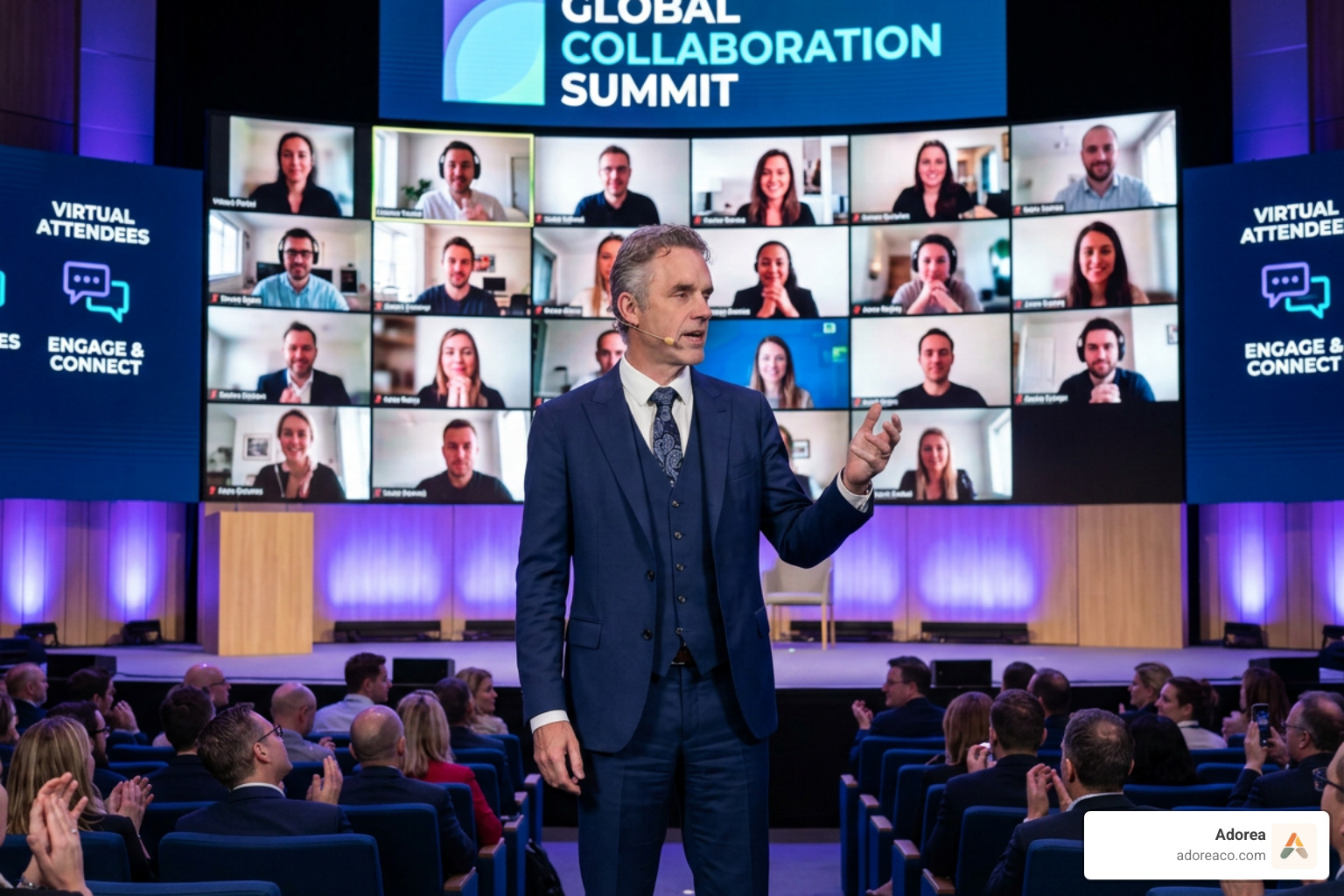 hybrid event stage showing a live speaker and a screen with remote participants interacting - event organization platform