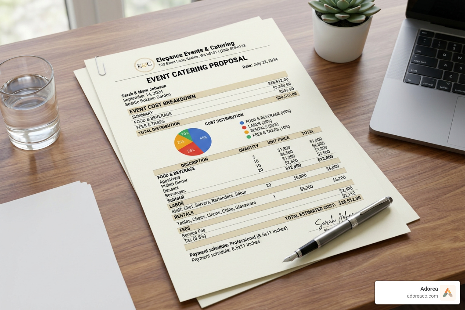Itemized catering proposal showing breakdown of costs - vendor quotes for events