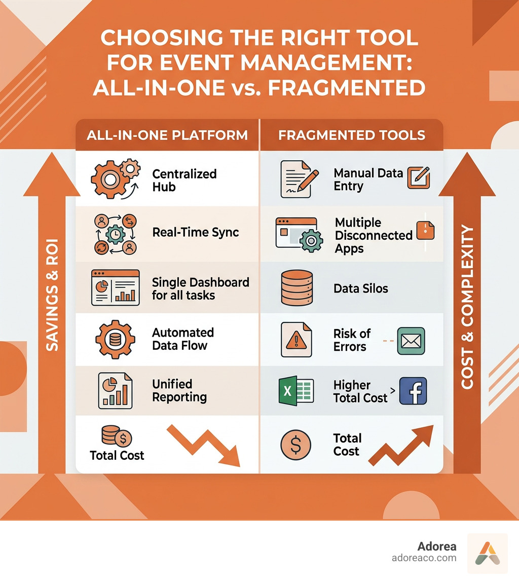 Table comparing all-in-one software (centralized, real-time sync, lower cost) vs. fragmented tools (manual entry, data