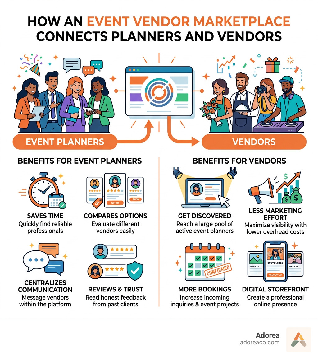How an event vendor marketplace connects planners and vendors in one ecosystem - event vendor marketplace infographic 
