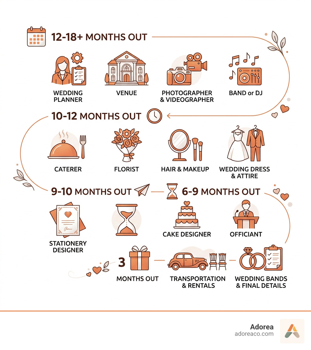 18-month wedding vendor booking timeline showing phases from planner to final details - order of booking wedding vendors