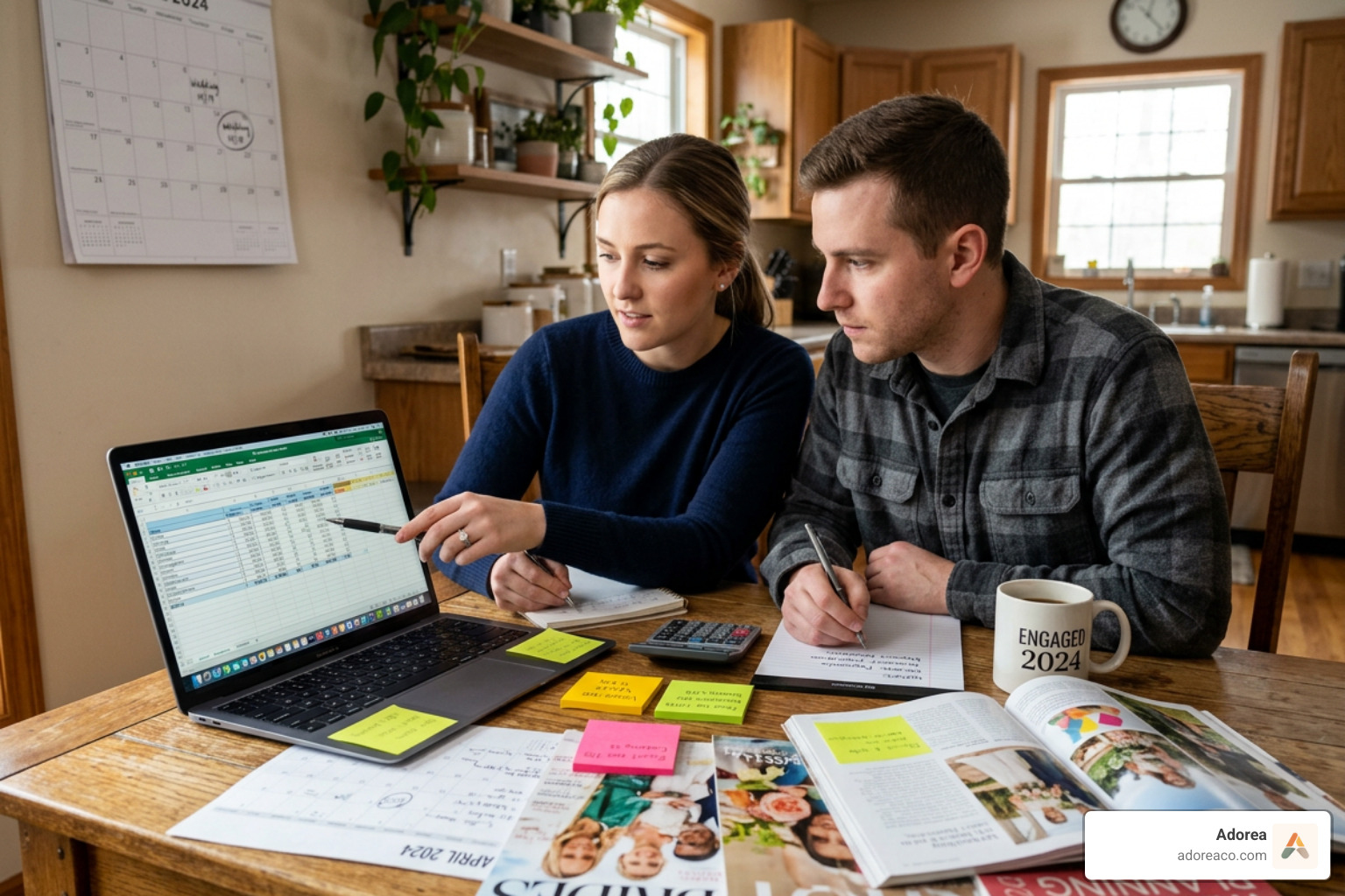 couple reviewing a wedding budget spreadsheet with planning notes - order of booking wedding vendors