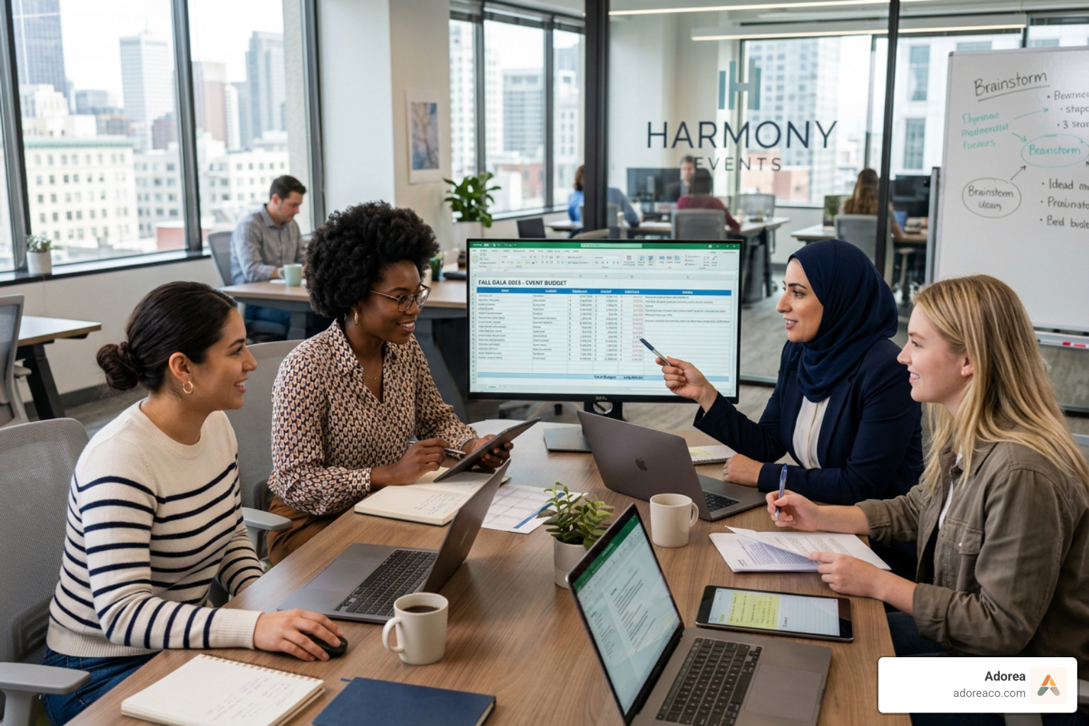 event planners collaborating on a digital budget spreadsheet in an office setting - what is budget in event management