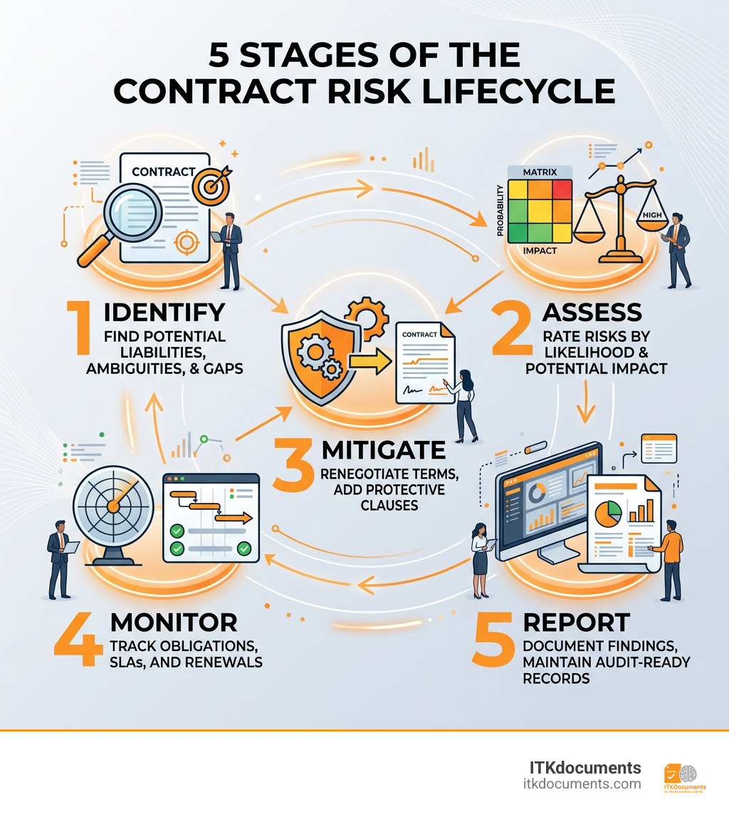 5 stages of the contract risk lifecycle: identify, assess, mitigate, monitor, report - risk assessment in contracts