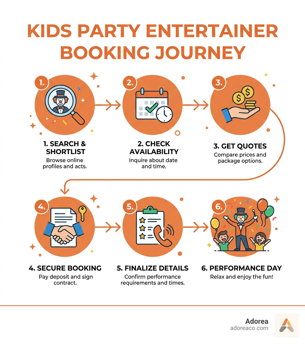 Step-by-step kids party entertainer booking journey from search to performance day - kids party entertainer booking