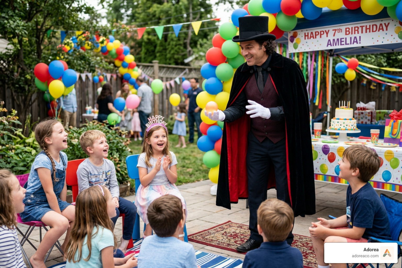 Magician performing for a group of captivated children at a birthday party - kids party entertainer booking