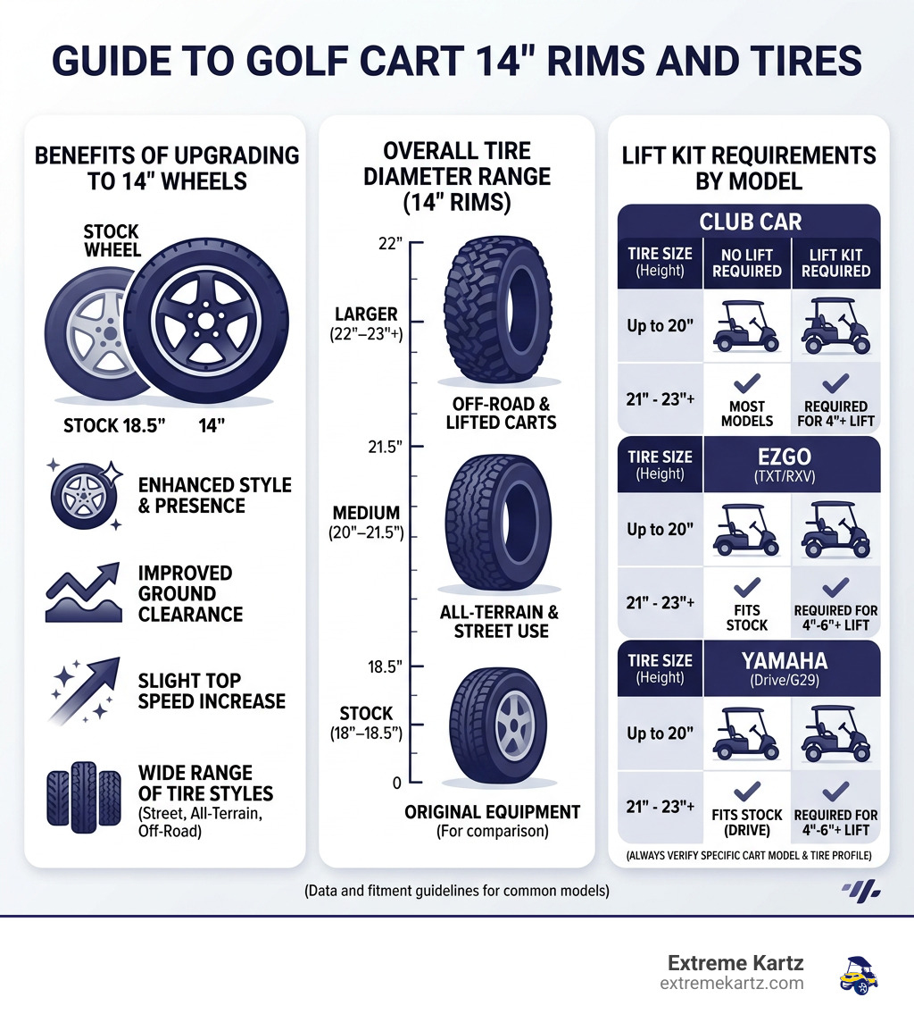 Infographic showing 14-inch golf cart wheel benefits, tire diameter ranges, and lift kit requirements by model - golf cart Infographic showing 14-inch golf cart wheel benefits, tire diameter ranges, and lift kit requirements by model - golf cart