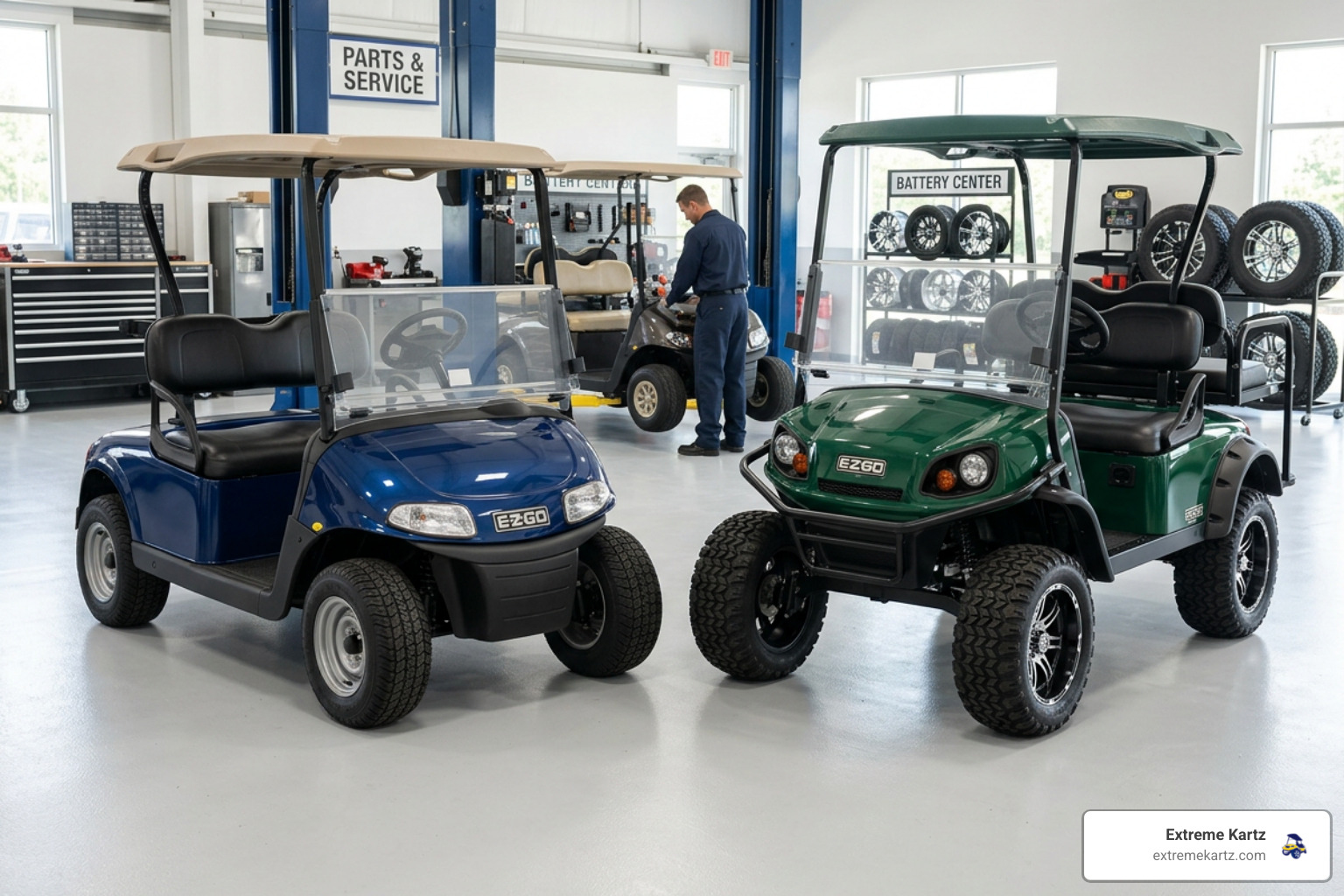 Side-by-side comparison of a non-lifted golf cart with 20-inch tires and a lifted golf cart with 23-inch tires in a Side-by-side comparison of a non-lifted golf cart with 20-inch tires and a lifted golf cart with 23-inch tires in a