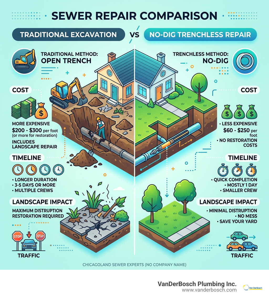 Infographic comparing traditional excavation vs. no-dig trenchless sewer repair methods, costs, and timeline - no-dig sewer Infographic comparing traditional excavation vs. no-dig trenchless sewer repair methods, costs, and timeline - no-dig sewer