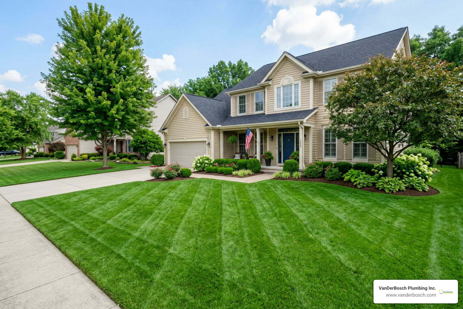 A pristine, manicured residential lawn showing no signs of recent sewer repair work - no-dig sewer line repair A pristine, manicured residential lawn showing no signs of recent sewer repair work - no-dig sewer line repair