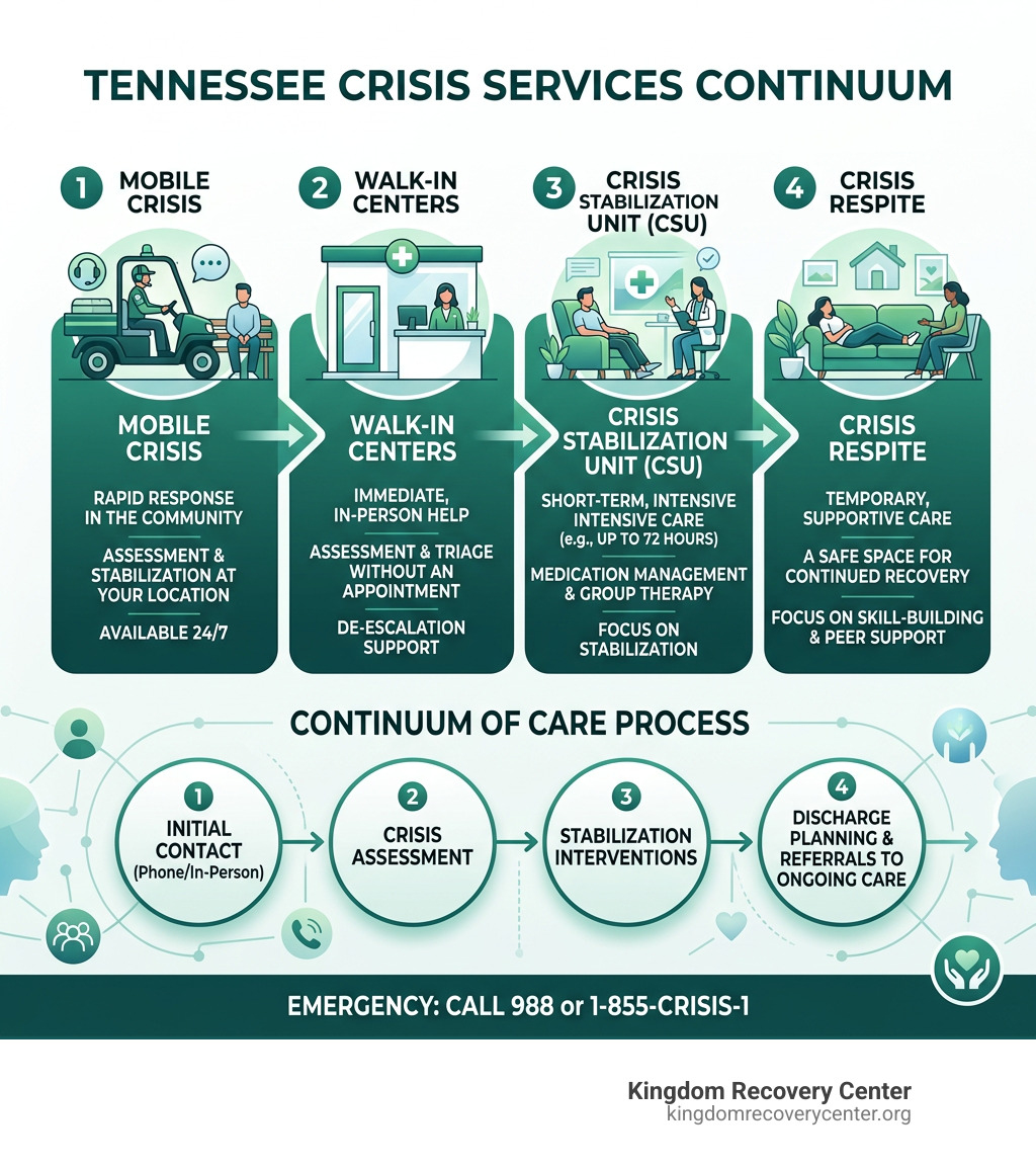 Tennessee crisis services continuum showing mobile crisis, walk-in centers, CSU, and crisis respite steps - Crisis