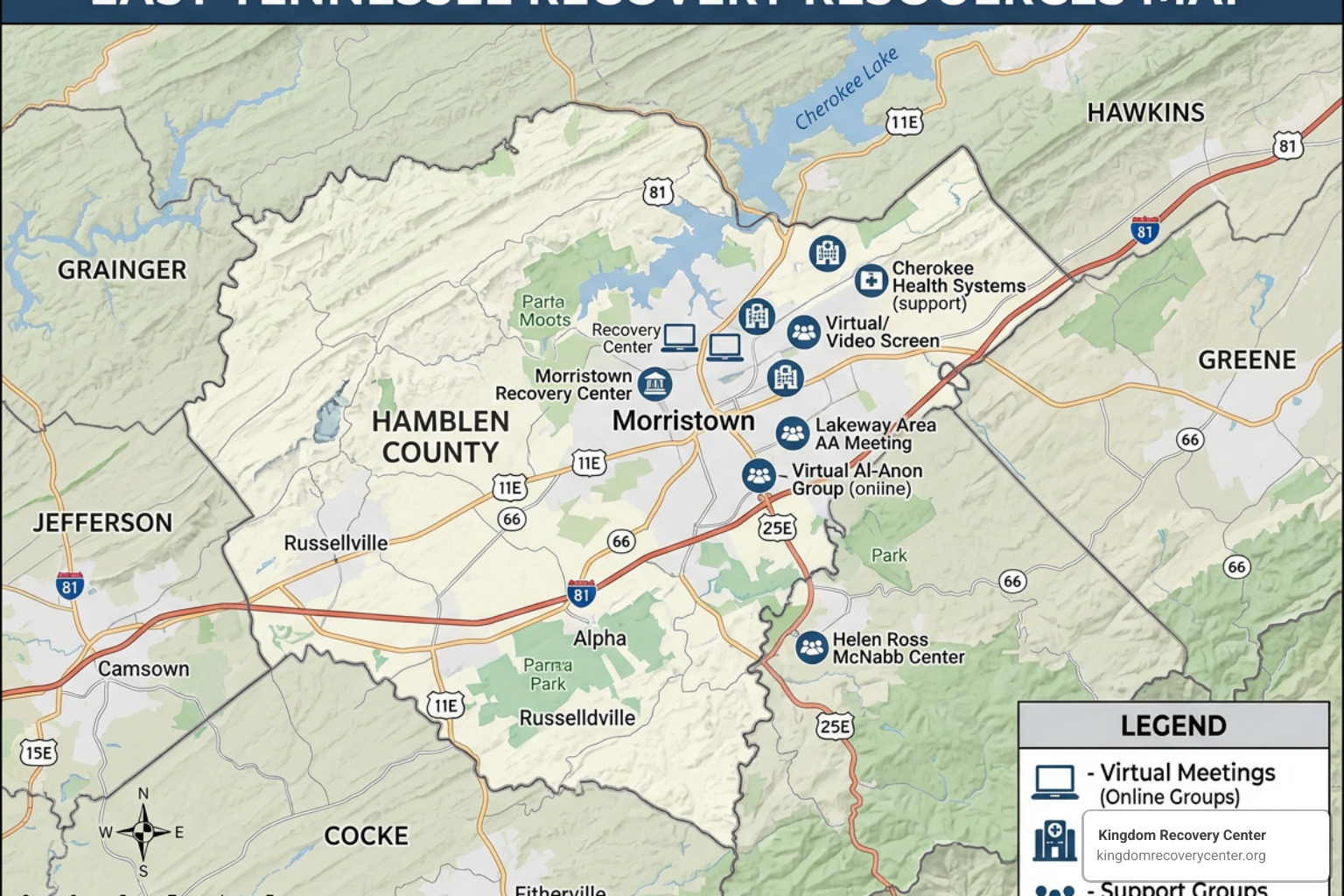 Digital map highlighting East Tennessee recovery resources - Virtual recovery meetings Hamblen County