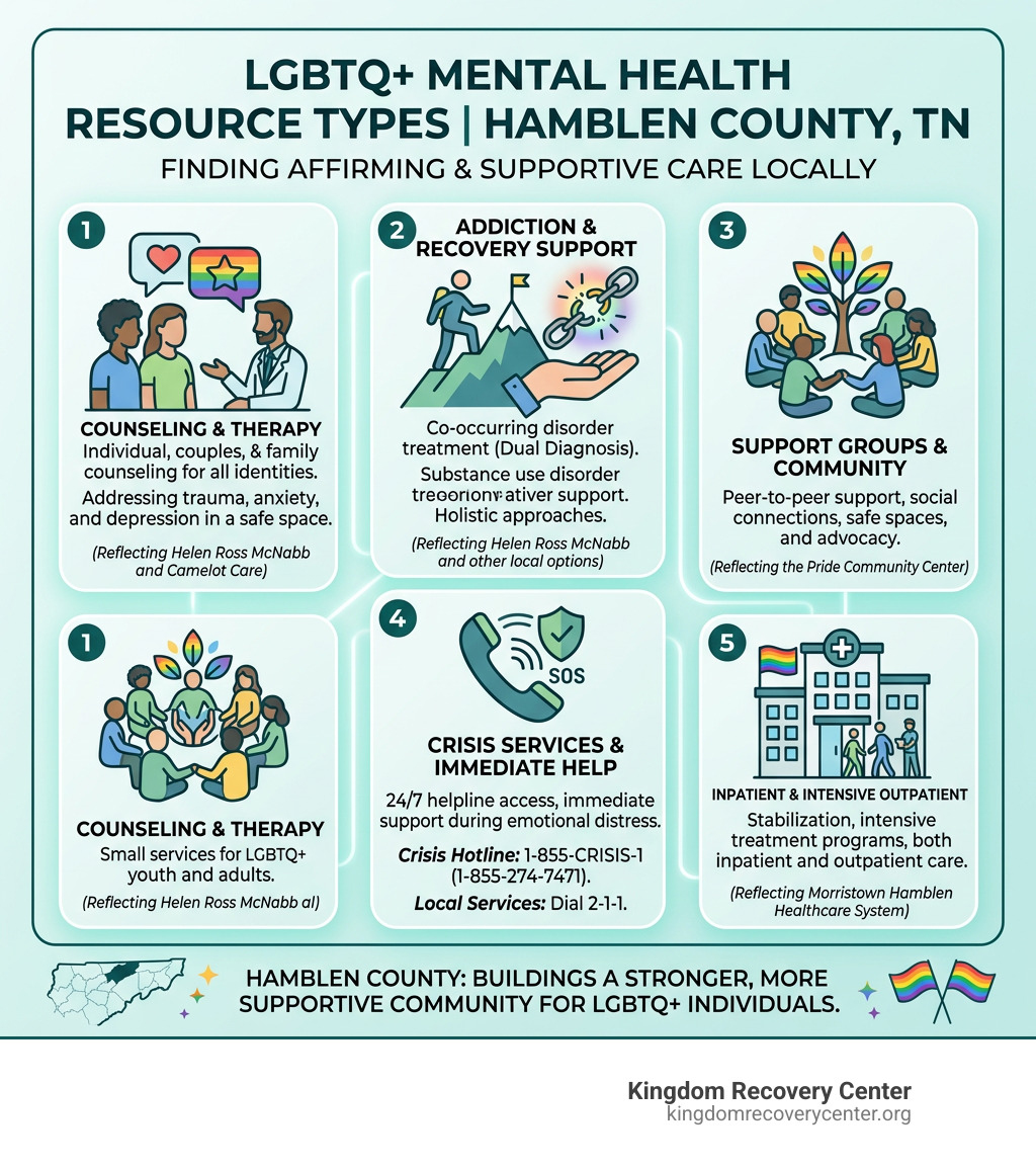 Infographic showing LGBTQ+ mental health resource types in Hamblen County TN - LGBTQ+ mental health resources Hamblen County