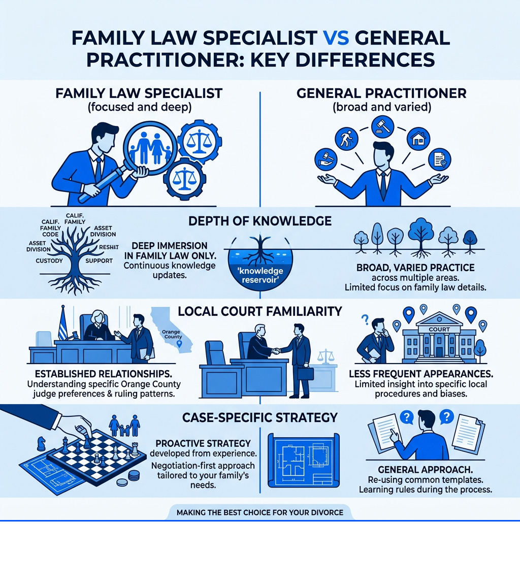 Family law specialist vs general practitioner: depth of knowledge, local court familiarity, and case-specific strategy