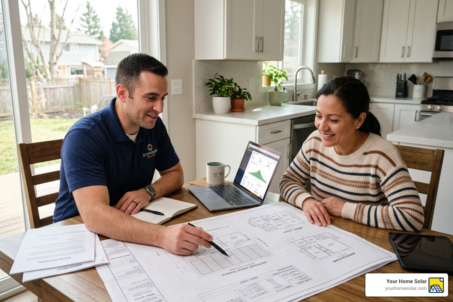 Solar consultant explaining system design to a homeowner at their kitchen table - Reliable solar solutions Solar consultant explaining system design to a homeowner at their kitchen table - Reliable solar solutions