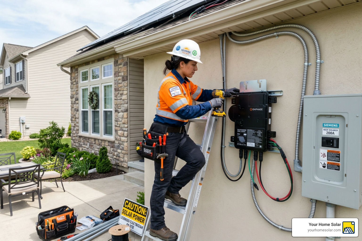 Licensed electrician installing a solar inverter on a residential wall - Reliable solar solutions Licensed electrician installing a solar inverter on a residential wall - Reliable solar solutions