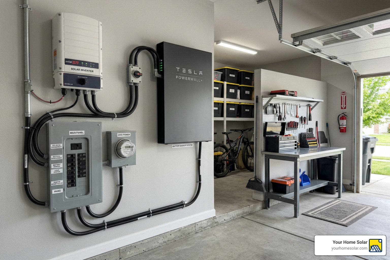 Home battery backup system installed in a neat, organized garage setup - Reliable solar solutions Home battery backup system installed in a neat, organized garage setup - Reliable solar solutions