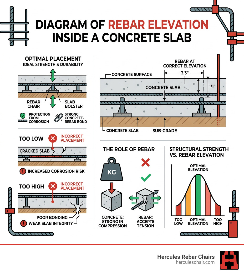 Diagram showing rebar elevation inside a concrete slab and its role in structural integrity - rebar slab support infographic 