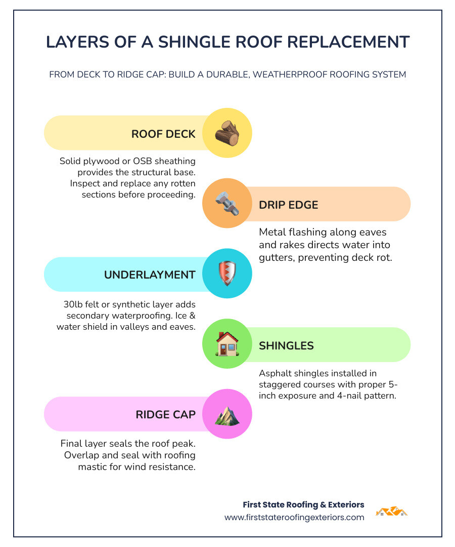 Step-by-step infographic showing the layers of a shingle roof replacement from deck to ridge cap - how to replace a shingle