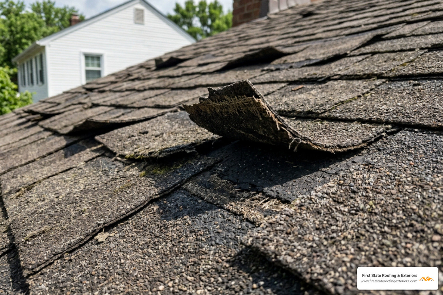 Close-up of curling and damaged asphalt shingles showing significant granule loss - how to replace a shingle roof