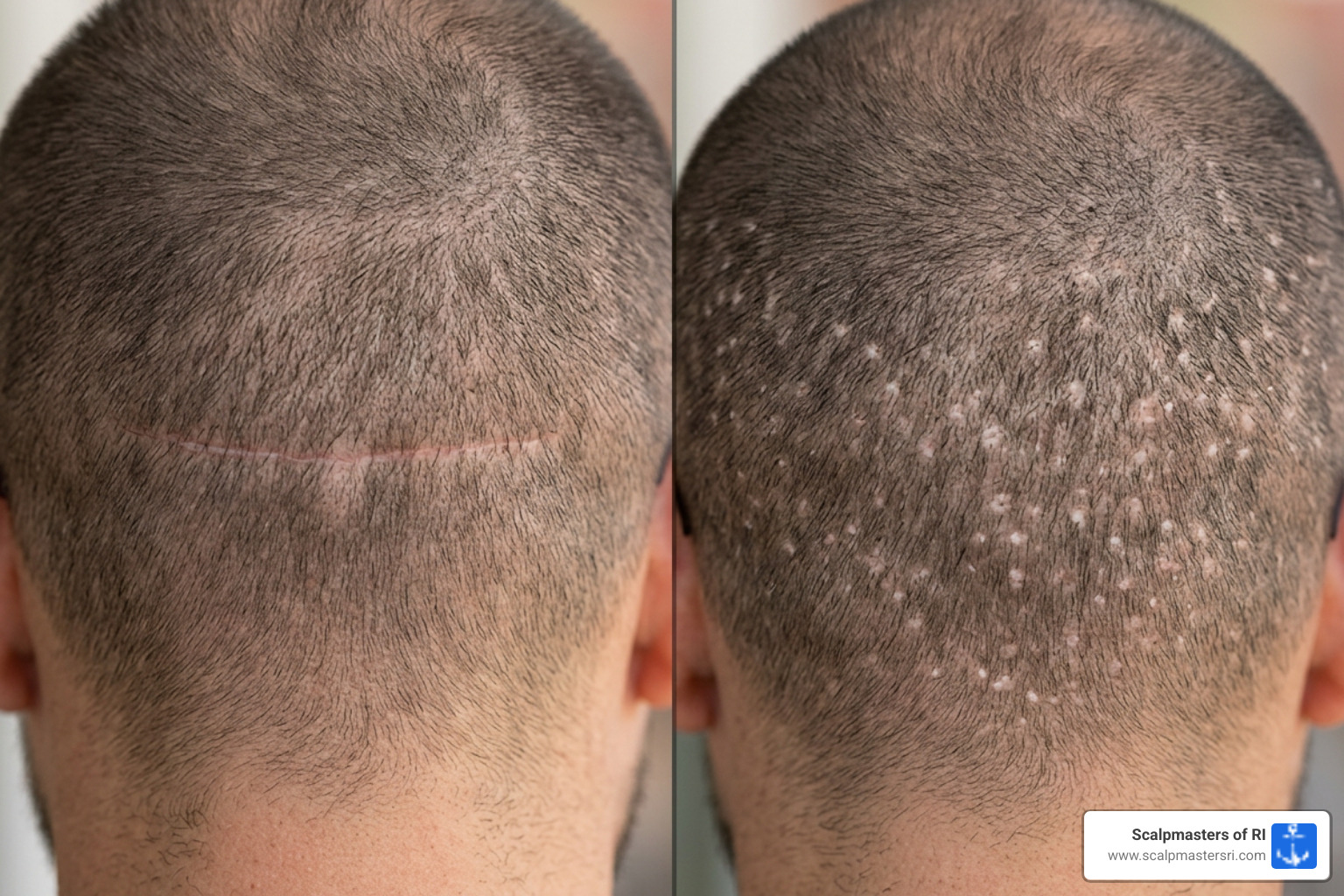 FUT linear scar vs FUE dot scars comparison - scalp scar cover up
